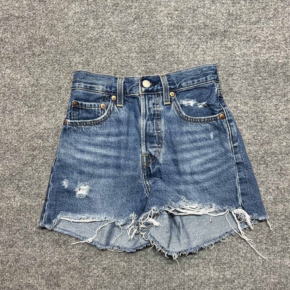 Levi's Ribcage Shorts Womens 24 Blue Distressed Denim Cutoff High Rise Raw Hem